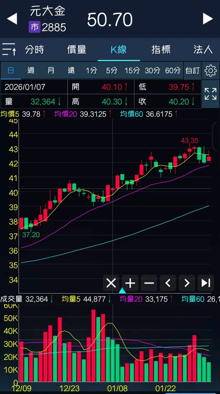 元大金在 1 月初下跌有季線支撐
