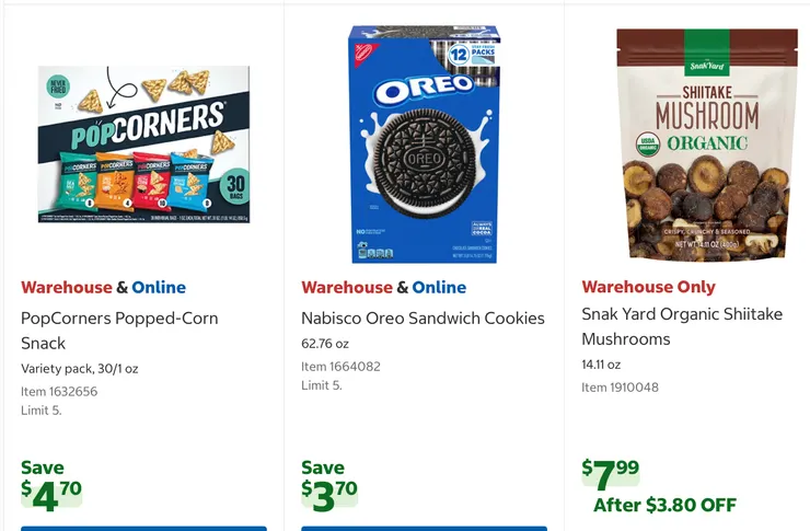 爆米花零食綜合裝 $13.29、OREO 巧克力夾心餅乾 $10.79、有機香菇乾零食。