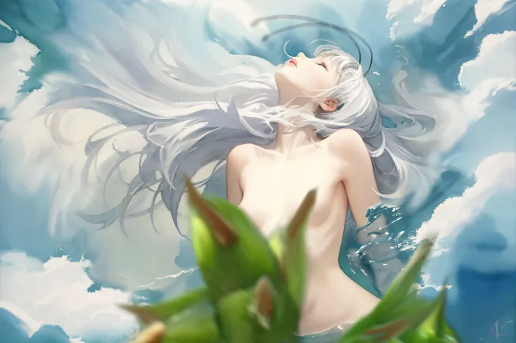 一名少女從蛹中站起，頭一甩，銀白秀髮散撒開，完美的少女軀體隨著漸漸褪下的白霧衣裳顯露而出。