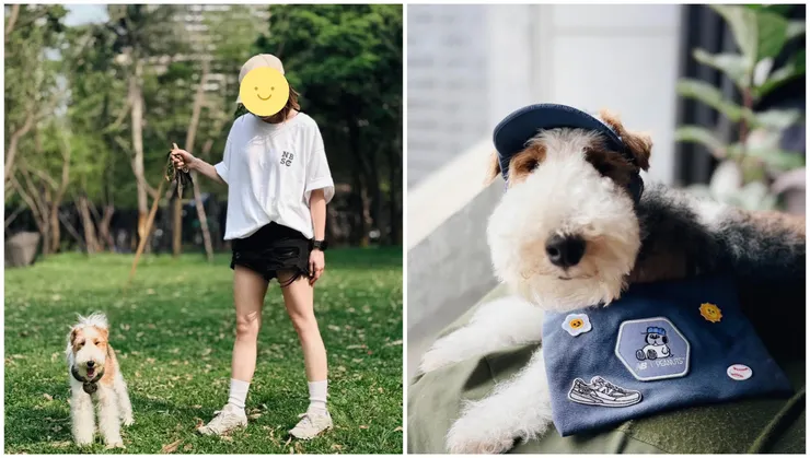 女網友精心搭配自己與狗狗，穿著NB BOY系列服飾，更帶著自製SNOOPY布章小包一同出遊。圖/讀者提供、鄭欣宜後製