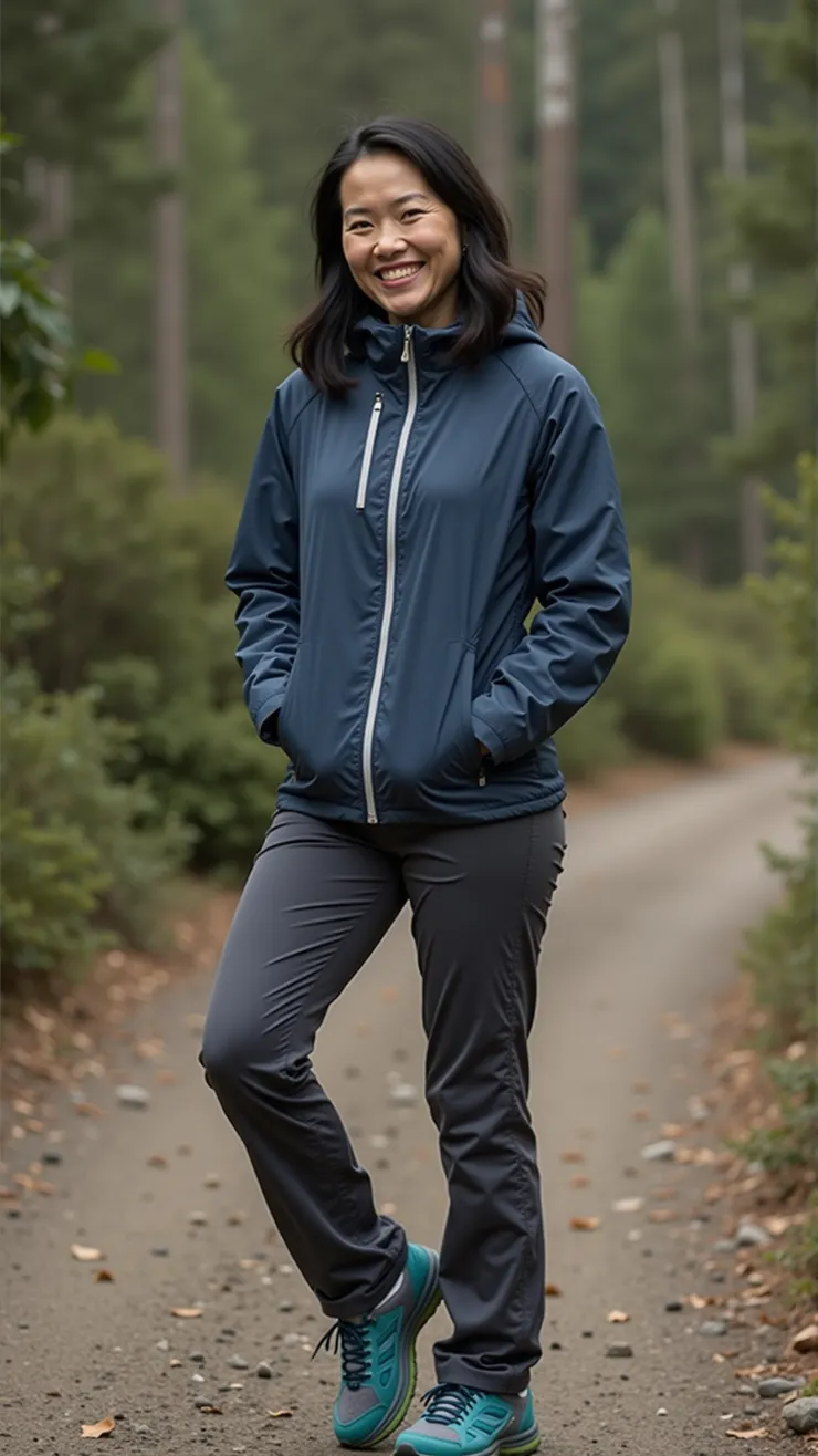 Lightweight windbreaker, hiking pants, trail running shoes