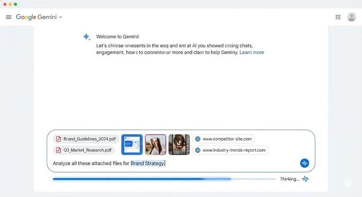 別怕資訊太多，Gemini 的胃口比你大。把客戶的網址、競品截圖全部「暴力」餵食，這是建立精準策略的第一步。