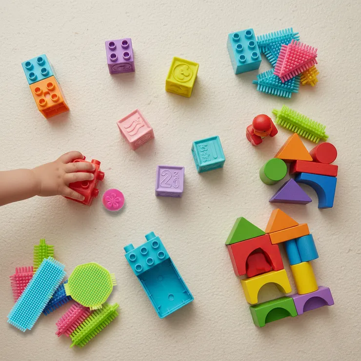 0–2 歲嬰兒積木大集合,包含大顆粒積木、木頭積木、軟積木與鬃毛積木。