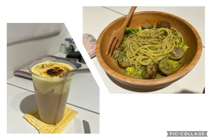 烤布蕾鮮奶茶、牛肉丸青醬義大利麵。