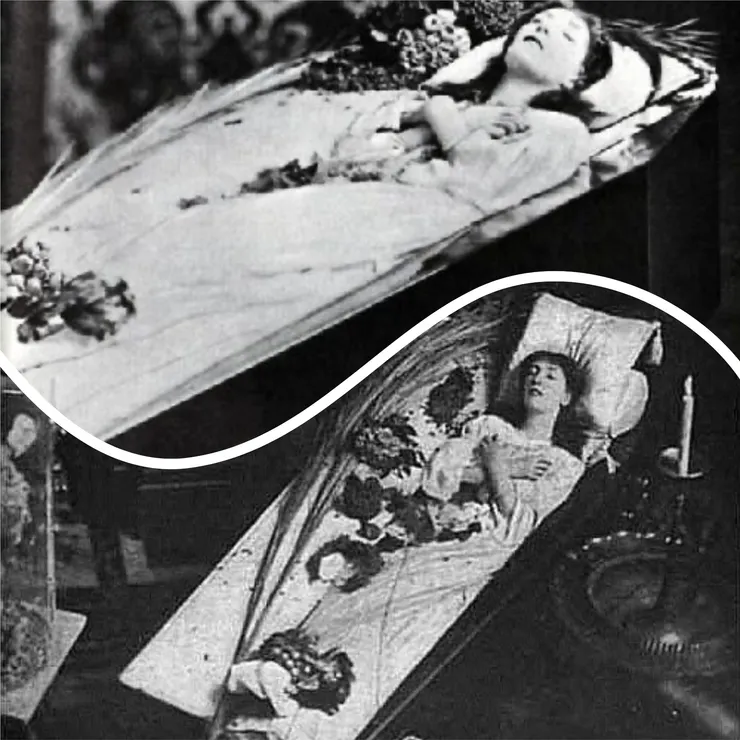 莎拉躺進棺材裡雙手擺在胸前，她自稱偶爾會拿來當床睡。