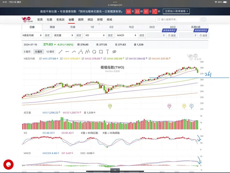 櫃買指數日K線圖(玩股網)
