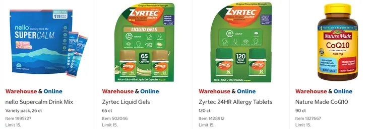 Nello 超舒緩飲品混合粉 $32.99、Zyrtec 24小時抗敏藥 $30.99、Zyrtec 24小時抗敏藥(+HCI) $33.99、Nature Made Q10 $36.99。
