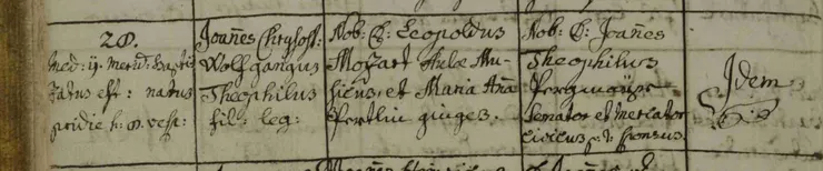 Baptismal record showing him as "Joannes Chrysostomus Wolfgangus Theophilus Mozart"