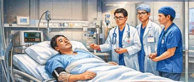 兩年多前急性心肌梗塞，隨即進行 緊急心導管手術後ICU內治療示意圖