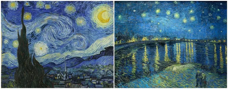 (左)星夜,1889,美國 紐約現代美術館;(右)隆河的星夜,1888,法國 巴黎奧賽美術館。