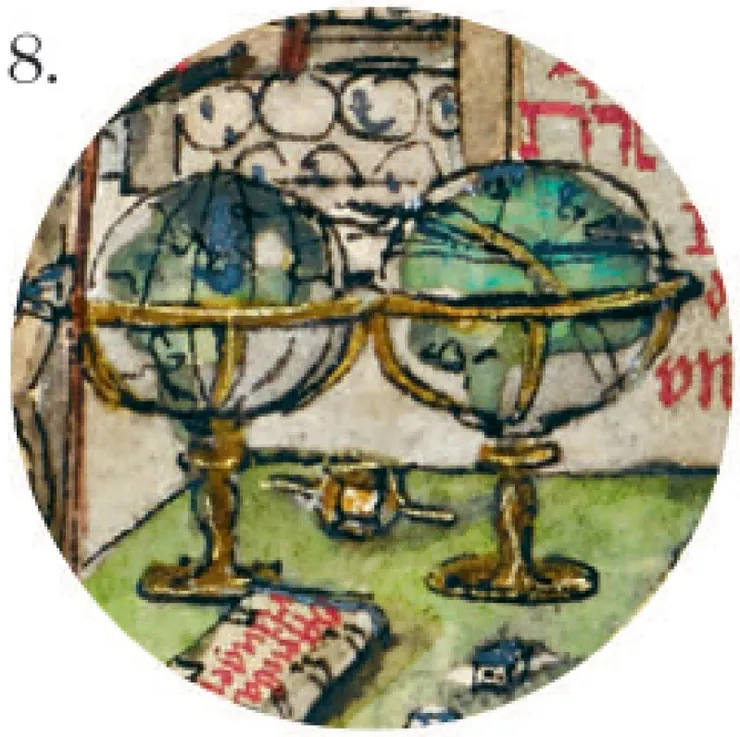 8.	球體儀——這些天球儀和地球儀象徵煉金術的核心概念「上」與「下」，取自《翠玉錄》的文字。