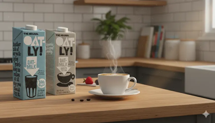 本圖為 AI 生成示意，品牌為Oatly 用於設計觀察之例。