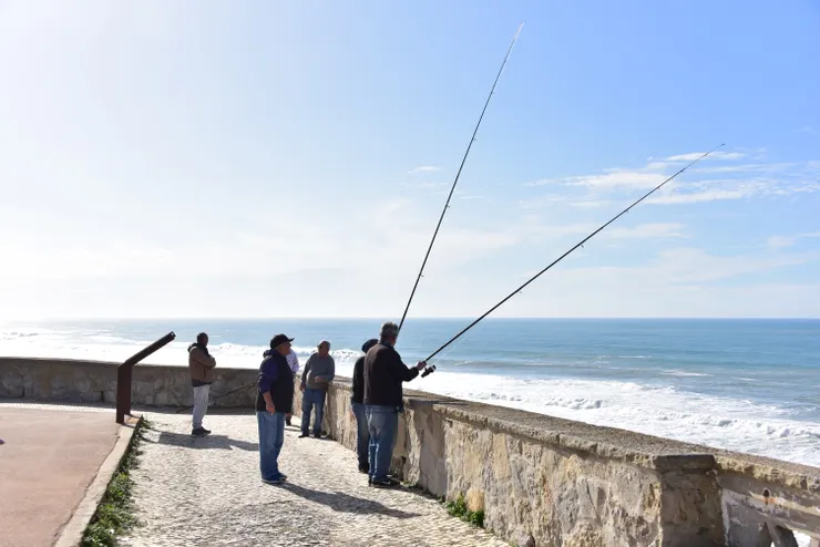 不畏烈日,在海岸邊垂釣的人們。