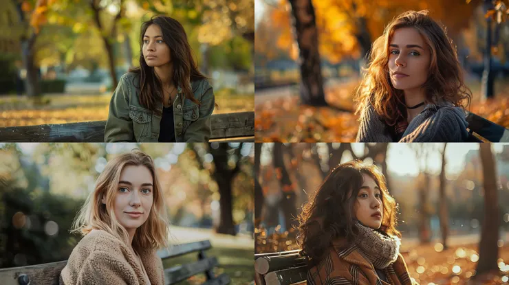 a young woman sitting on a bench in the park, medium shot, --ar 16:9