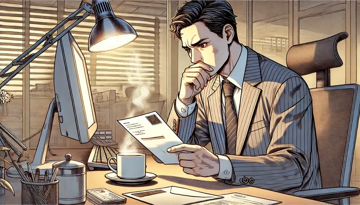 中年上班族坐在辦公桌前，桌上有一杯熱咖啡和未拆的信封，表情緊張