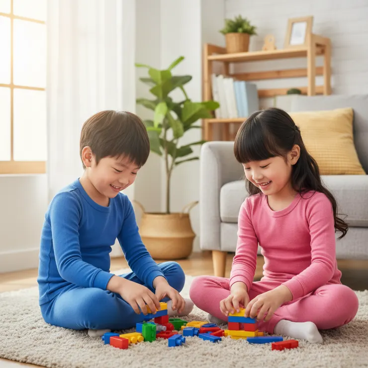 兒童穿著舒適的台灣製兒童發熱衣在室內玩耍，發熱衣的親膚和日常實穿性。