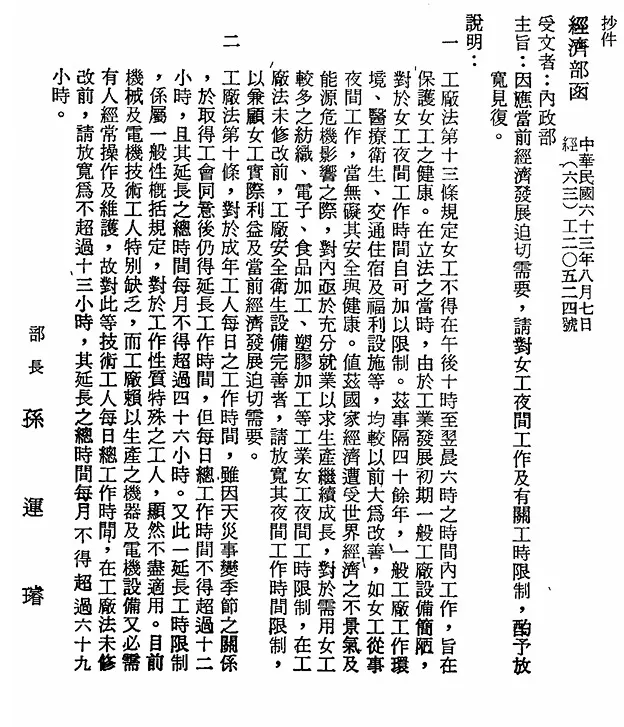 圖12 1974年政府放寬女工夜間工作限制，並於翌年修正《工廠法》，使夜班勞動納入制度管理。（臺灣省政府公報1974年秋字第71期）