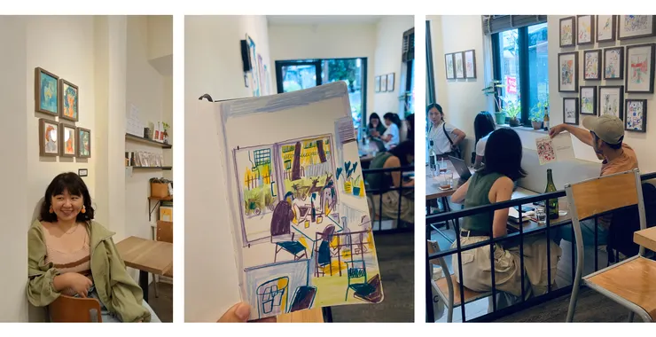 因為Greta造訪而得到和自己作品的合照、自在在店裡畫的速寫、等待朋友時發現別人正在討論畫冊的圖的時候