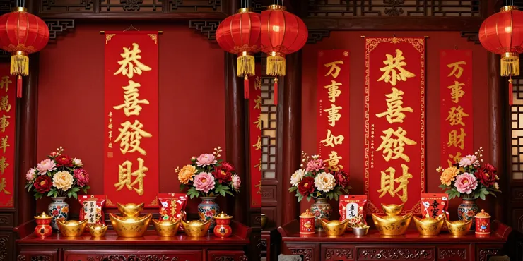 Prompt: 一個裝飾華麗、充滿春節喜慶氣氛的傳統中式廳堂場景。背景是富有質感的朱紅色牆面和掛著許多紅燈籠的深色木製門框。畫面的絕對焦點是一副巨大的金色書法對聯，掛在中央，右聯清晰地寫著「恭喜發財」，左聯清晰地寫著「萬事如意」。對聯下方是一張擺滿各式年貨、堆疊的金元寶和盛開牡丹花的紅木供桌。溫暖、喜氣的燈光籠罩整個場景。 (左：繁體中文 右：簡體中文)