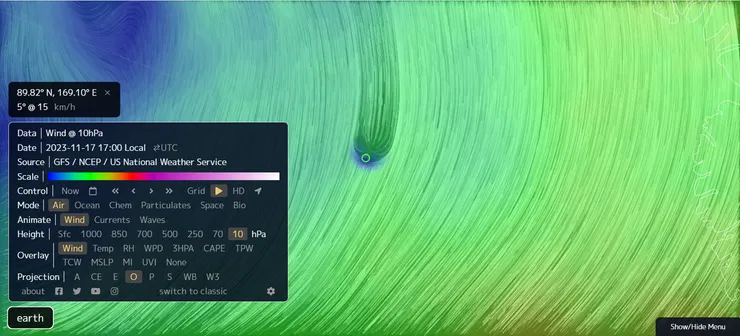 座標位置在北極中心附近  明顯可以看到有個巨大物體把風切開了