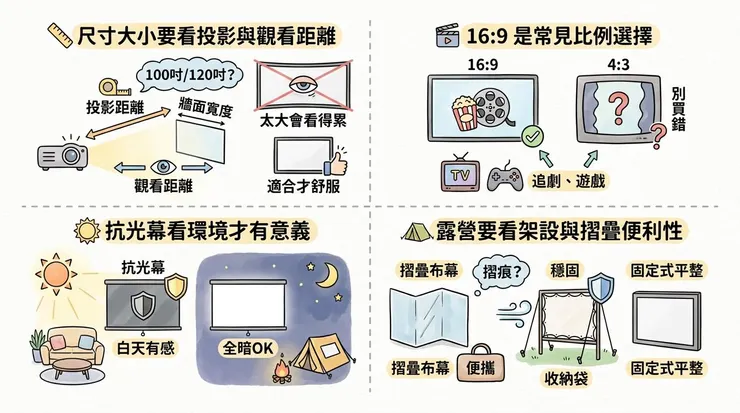 投影布幕怎麼挑?尺寸、抗光、比例和架設方式先想好