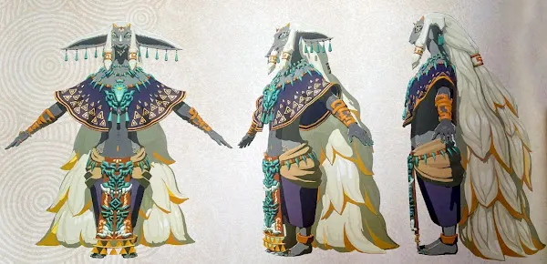 勞魯的服裝設計，披肩上的三角紋與腰間的龍頭狀飾品