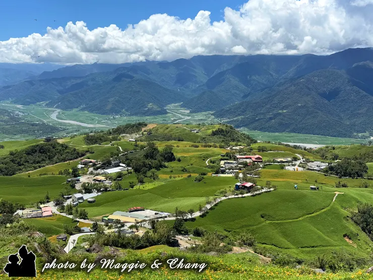 從高處俯瞰整個縱谷，綠色田野與蜿蜒山脈一覽無遺，天空和雲朵在遠方延伸，呈現縱谷深邃與開闊感。