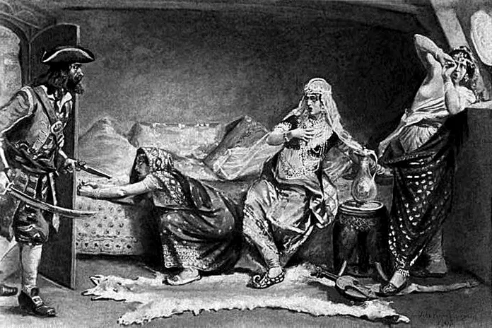 一幅20世紀早期的畫作,描繪了埃弗里船長與奧朗則布皇帝的孫女及其隨從的相遇