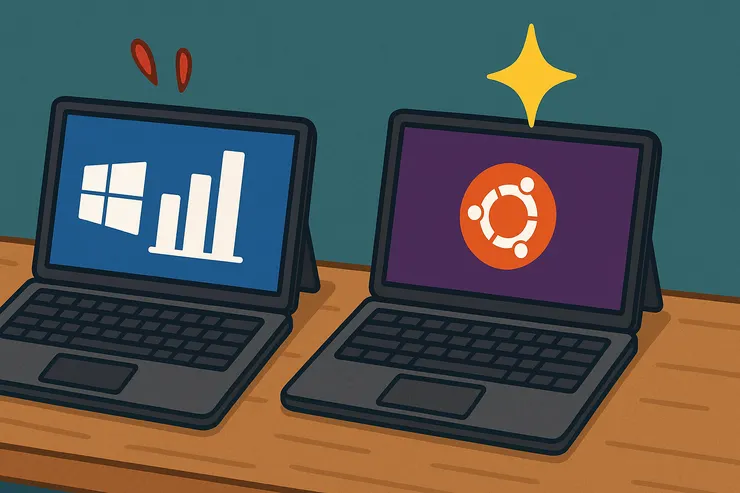 示意圖：Windows 在運行同樣的工作，負擔比起 Ubuntu 來得重（由 ChatGPT 繪製）