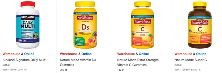 Kirkland綜合維他命$16.99，Nature Made D3 $19.49，Nature Made維他命Ｃ $17.49，Nature Made 維他命Ｃ $17.49。