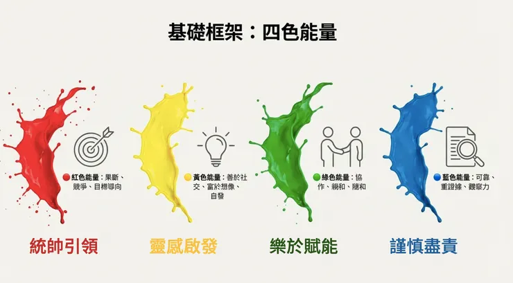 每個人都同時擁有四種顏色能量,比例不同,情境不同,展現出來的樣子也不同。