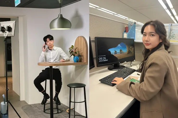 左圖：教訓部斜槓演員？（同仁可以自願性參與拍攝 o´罒`o） 右圖：好喜歡雙螢幕的視覺享受！（雅琇os）