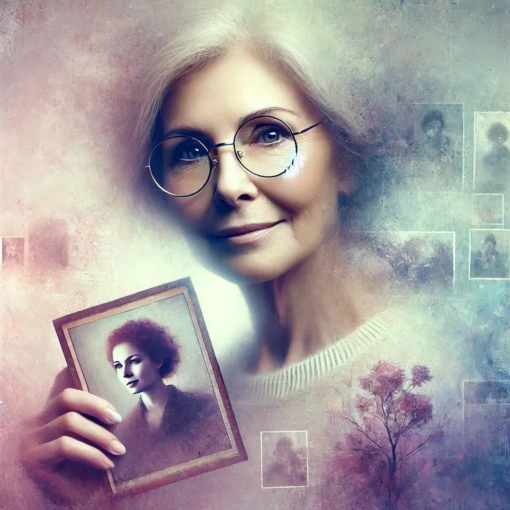 Jane was drawn to one particular portrait - a faint image of a woman staring back with eyes that seemed both distant and knowing. The colors bled into each other, a fog of pinks and violets cloaking her expression.