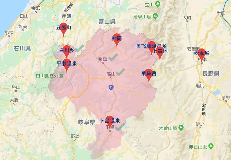 飛驒地區大致範圍(來源：宮川朝市 高山古街飛驒牛 下呂溫泉散策<日本北陸自助 D4> 作者：撿百岳的女子)
