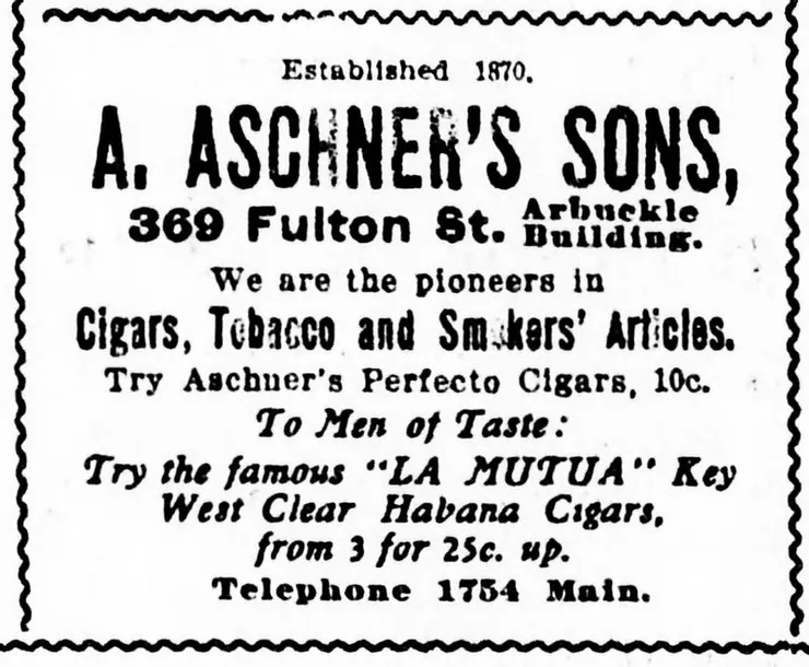 德國移民亞伯拉罕·阿施納 (Abraham Aschner) 在 1880 年代於布魯克林開設的雪茄店宣傳單