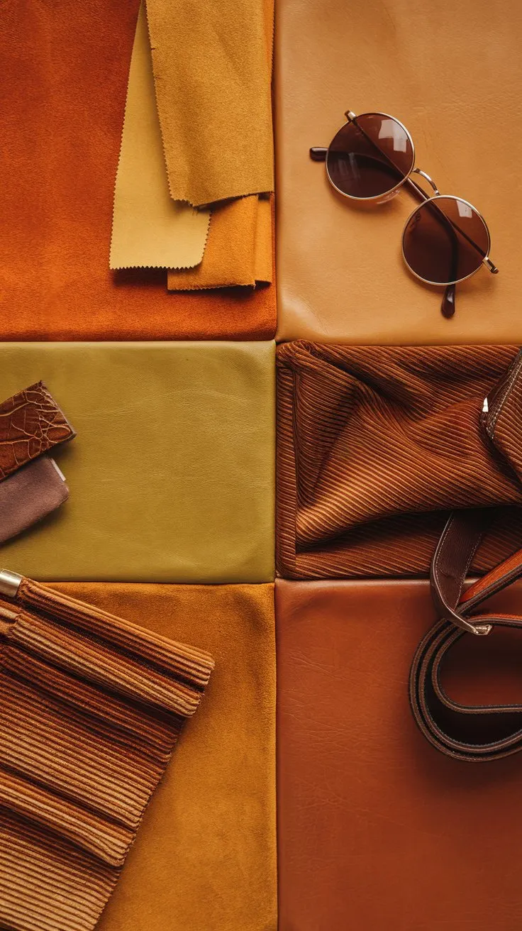 A color palette mood board inspired by 1970s fashion. The main colors are burnt orange, mustard yellow, avocado green, and chocolate brown, arranged in a visually appealing composition. Swatches of fabric textures like suede, corduroy, and knit are incorporated within the color blocks.