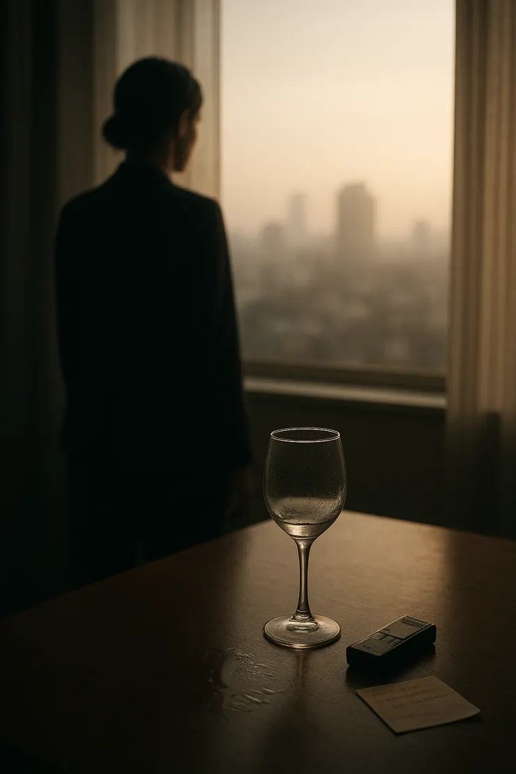 她離開了,只剩一杯空酒與未關的錄音筆。黎明像琴酒最後一滴的光,清醒,卻仍舊苦澀。〈本章節插圖示意圖由AI協助生成。〉