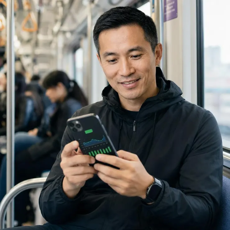 梁练伟在通勤途中，通过手机查看智能手表的详细电量消耗数据分析。