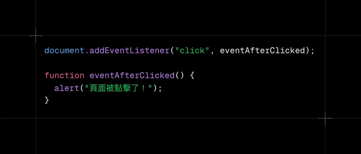 我們用document.addEventListener()來監聽'click'(滑鼠點擊),如果畫面被點擊eventAfterClicked()就會啟動,出現alert。