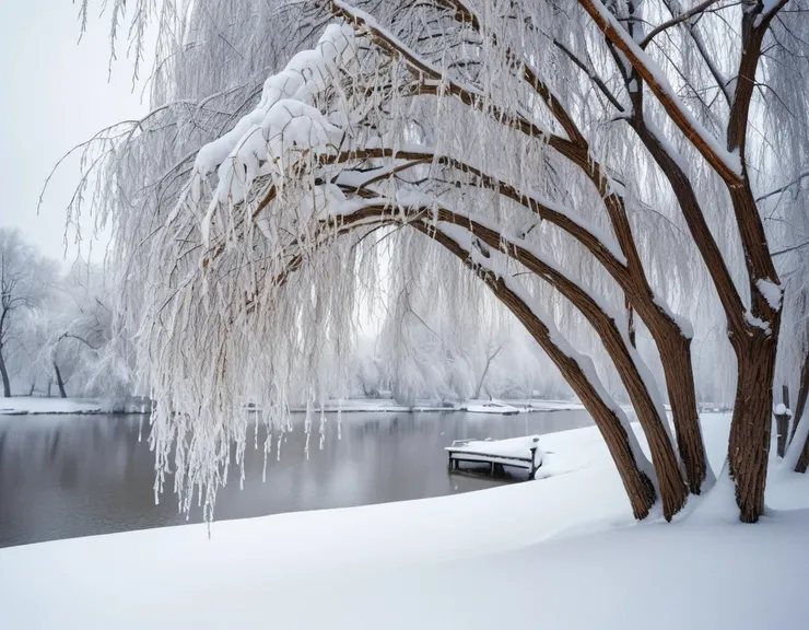 柳樹的枝條因為柔軟，能夠順應風雪的重量彎曲