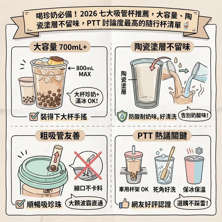 喝珍奶必備！2026 七大吸管杯推薦，大容量、陶瓷塗層不留味，PTT 討論度最高的隨行杯清單 🥤