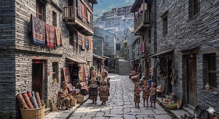 路上穿著傳統服飾的高山婦女及老幼居民,可以看到當地住戶習慣會在屋外晾曬傳統織布。