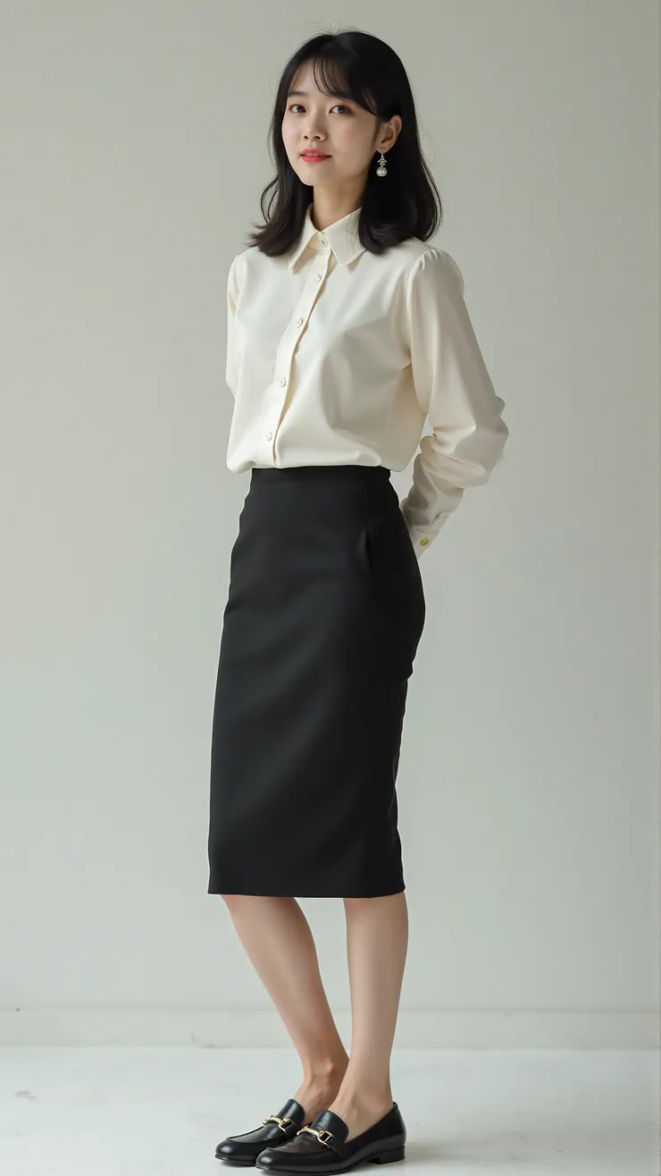 High-neck blouse, pencil skirt, pearl earrings, loafers( 高領襯衫，鉛筆裙，珍珠耳環，樂福鞋 )
