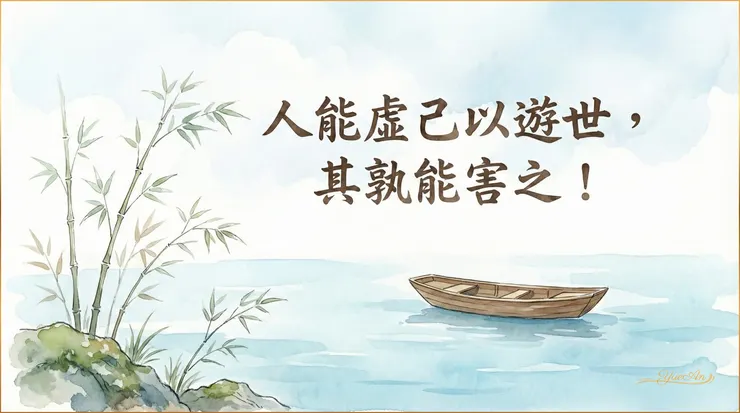 圖說： 莊子《山木》篇的「虛舟」智慧：當我們能將自我的執著縮小，像一艘空船般流動於世，外在的衝擊便不再能輕易激起內心的巨浪。