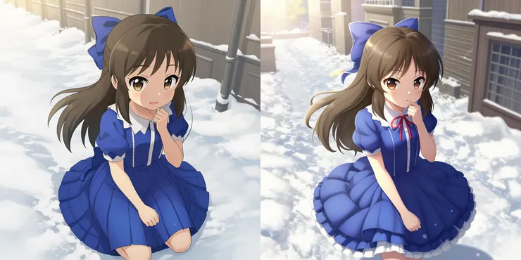 左圖：Balanced，右圖：Low Noise。Prompt：masterpiece, best quality, amazing digital art, full body, zzArisuTachibana, brown hair, blue bow, blue dress, naughty, heavy snowy street, sunlight, cinematic lighting, volumetric lighting, atmospheric glow, complex contrast, detailed background, masterpiece, best quality