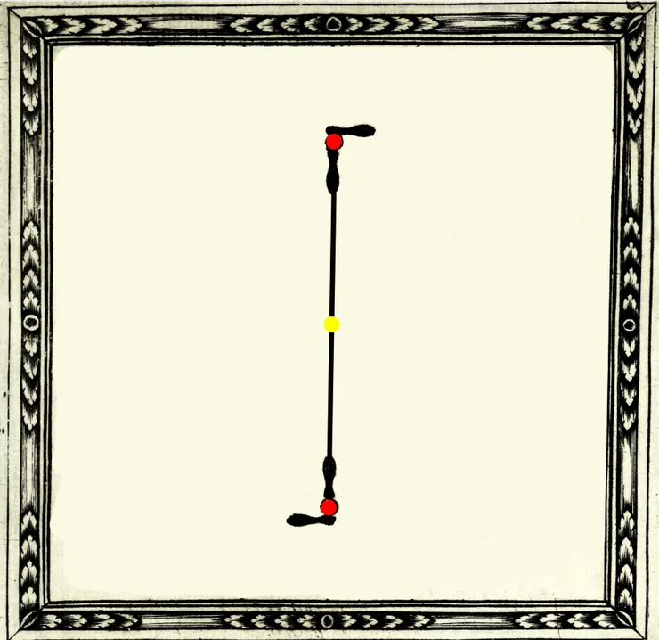 紅色代表原點,黃色代表距離之間,直線摜穿了中點連接兩個原點。