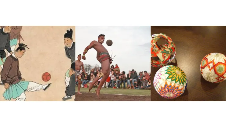 左：中國「蹴鞠」；中：墨西哥「烏拉馬」（ulama）；右：日本「手鞠」