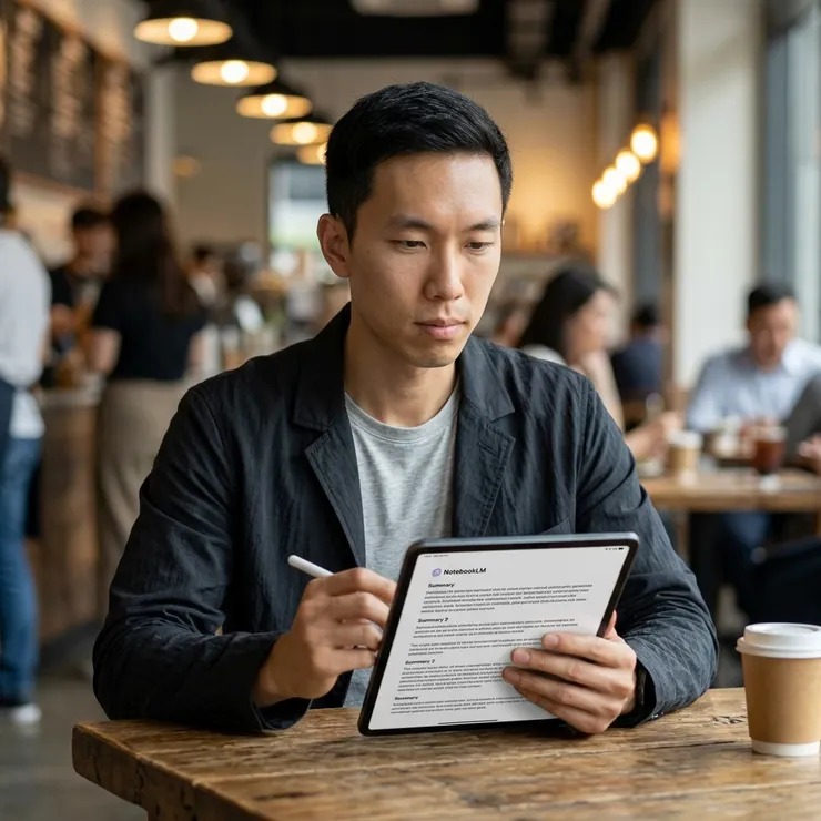 梁练伟在咖啡馆专注审阅NotebookLM生成的资料摘要。
