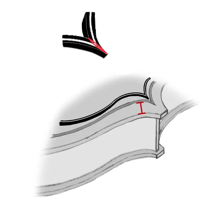 這張圖展示的是鑲線與邊緣的距離。當鑲線位置較遠時，會留出更大的空間，使蜂尖能夠拉得更長更細。  蜂尖指的是兩條鑲線對接時形成的銳利線條，可說是考驗製琴師技藝的細節之一！（圖：感謝強者朋友哆啦提供！）