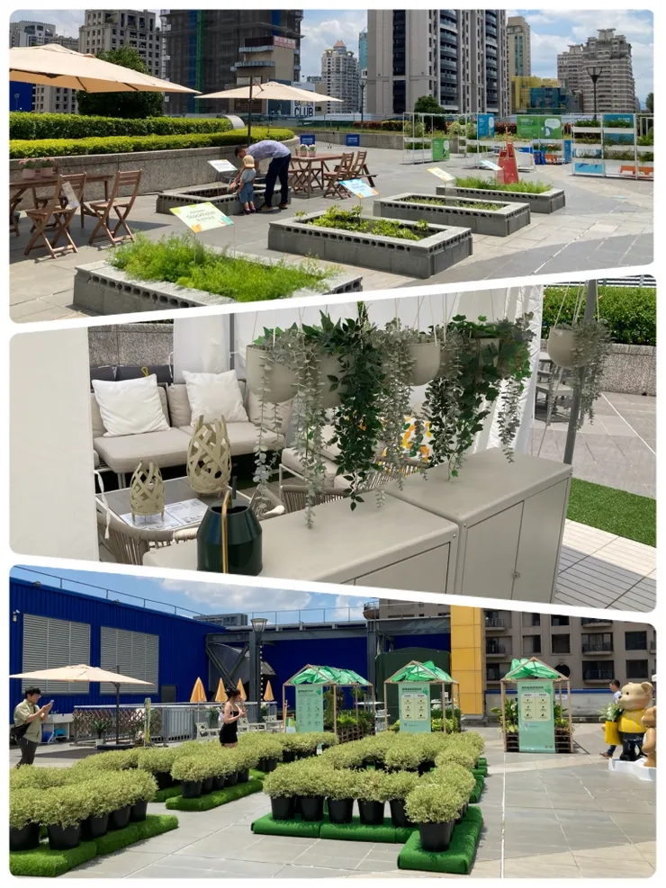 旁邊有很多盆栽跟休息空間